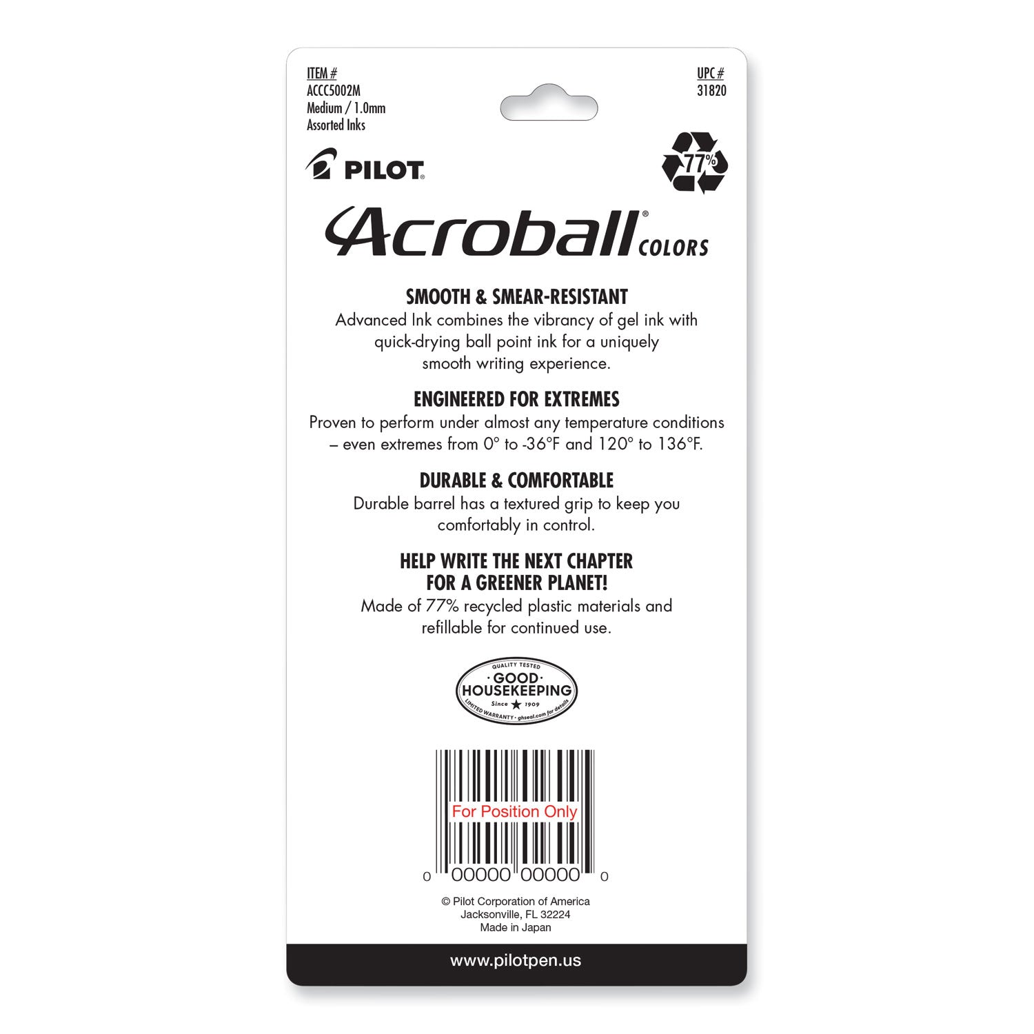 Pilot Acroball Colors Advanced Ink Hybrid Gel Pen, Retractable, Medium 1 mm, Assorted Ink and Barrel Colors, 5/Pack (31820)