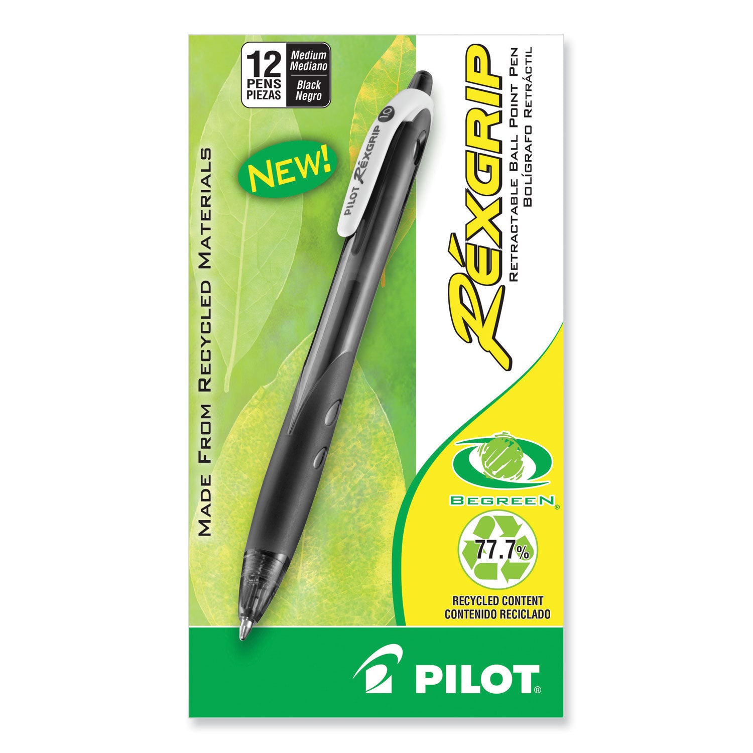 Pilot RexGrip BeGreen Ballpoint Pen, Retractable, Medium 1 mm, Black Ink, Smoke/Black Barrel, Dozen (32370)