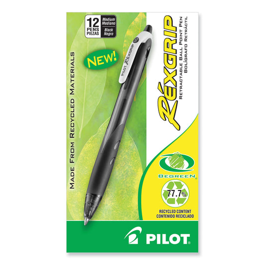 Pilot RexGrip BeGreen Ballpoint Pen, Retractable, Medium 1 mm, Black Ink, Smoke/Black Barrel, Dozen (32370)