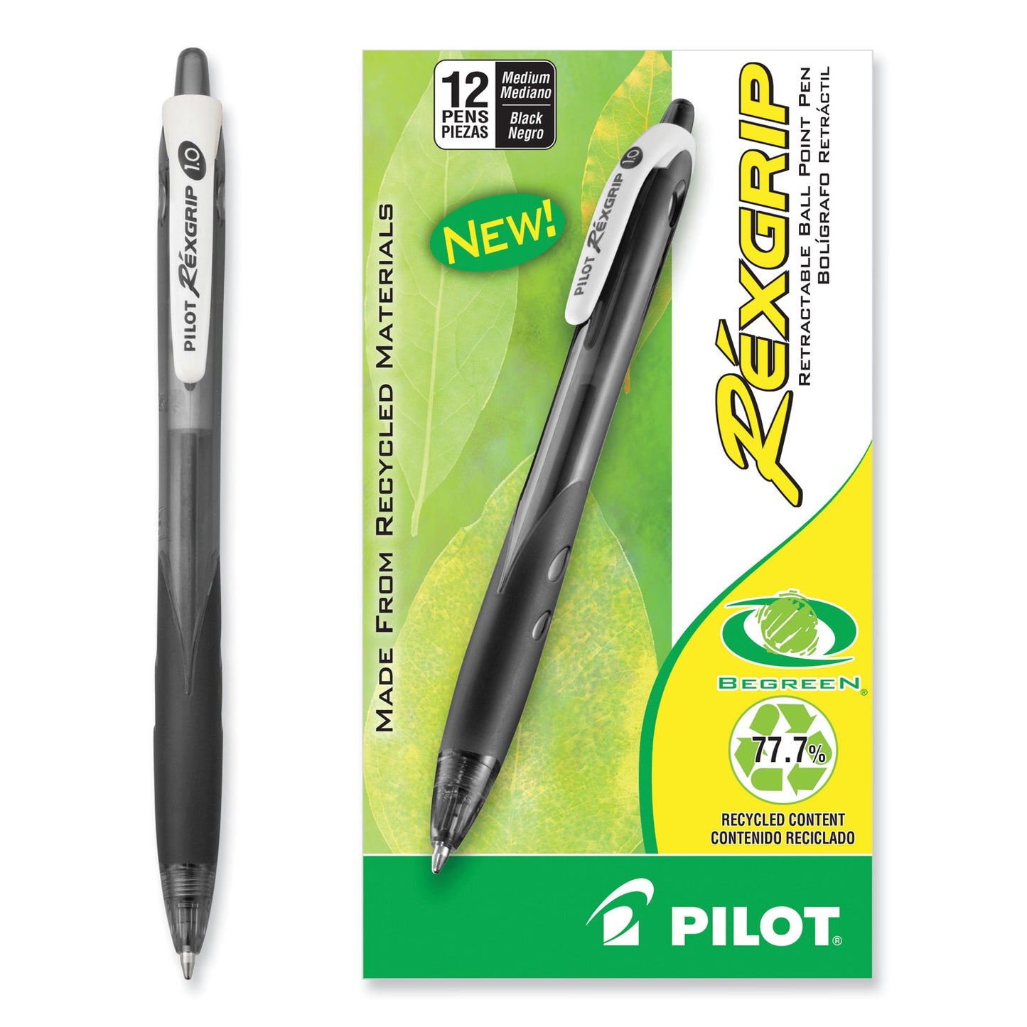 Pilot RexGrip BeGreen Ballpoint Pen, Retractable, Medium 1 mm, Black Ink, Smoke/Black Barrel, Dozen (32370)