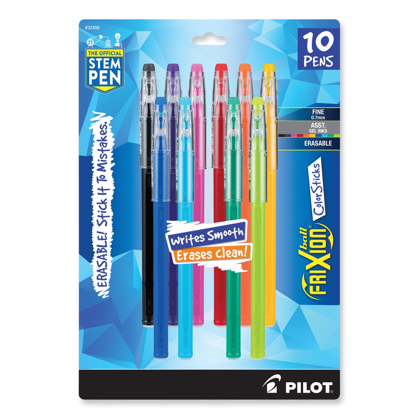 Pilot FriXion ColorSticks Erasable Gel Pen, Stick, Fine 0.7 mm, Assorted Ink and Barrel Colors, 10/Pack (32456)