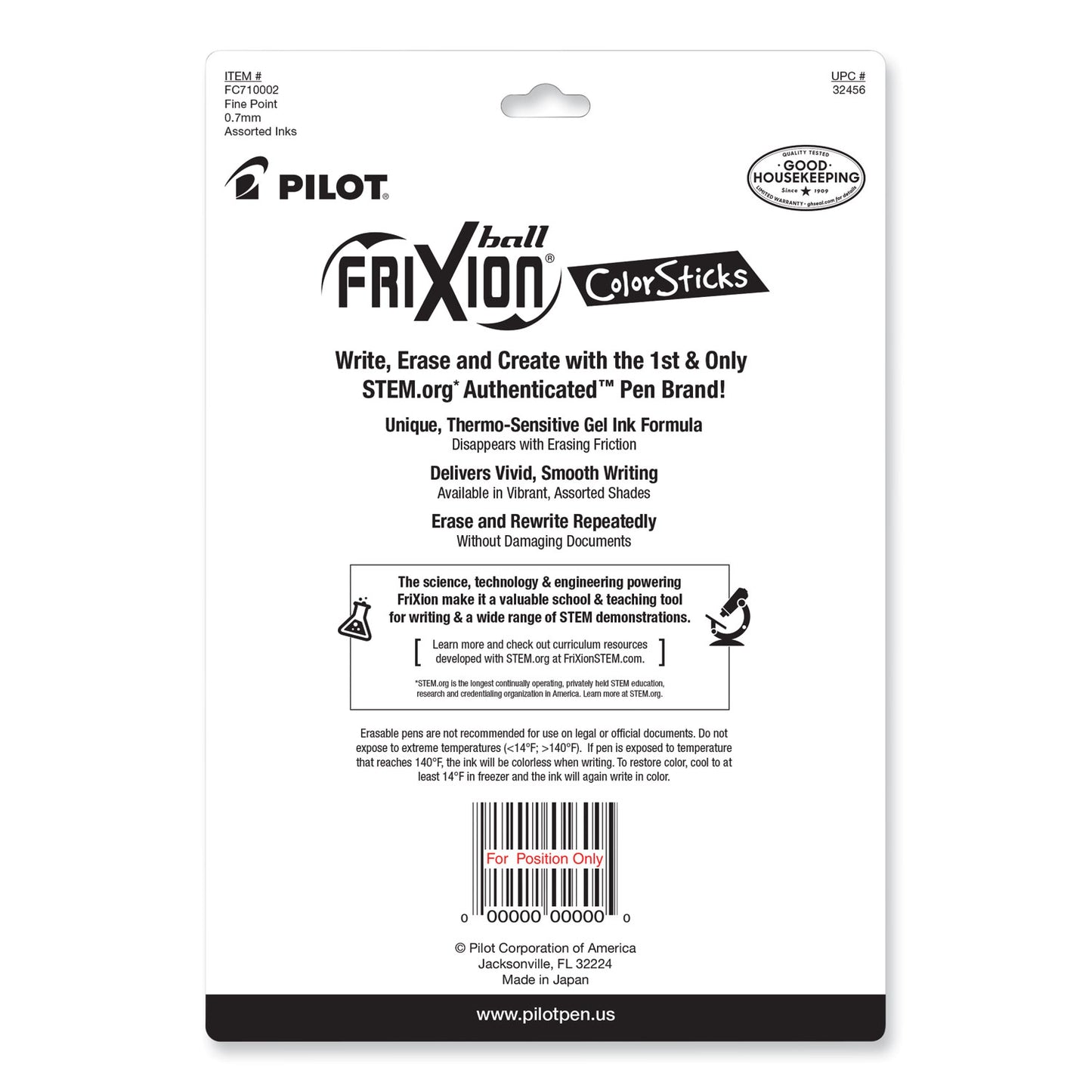 Pilot FriXion ColorSticks Erasable Gel Pen, Stick, Fine 0.7 mm, Assorted Ink and Barrel Colors, 10/Pack (32456)