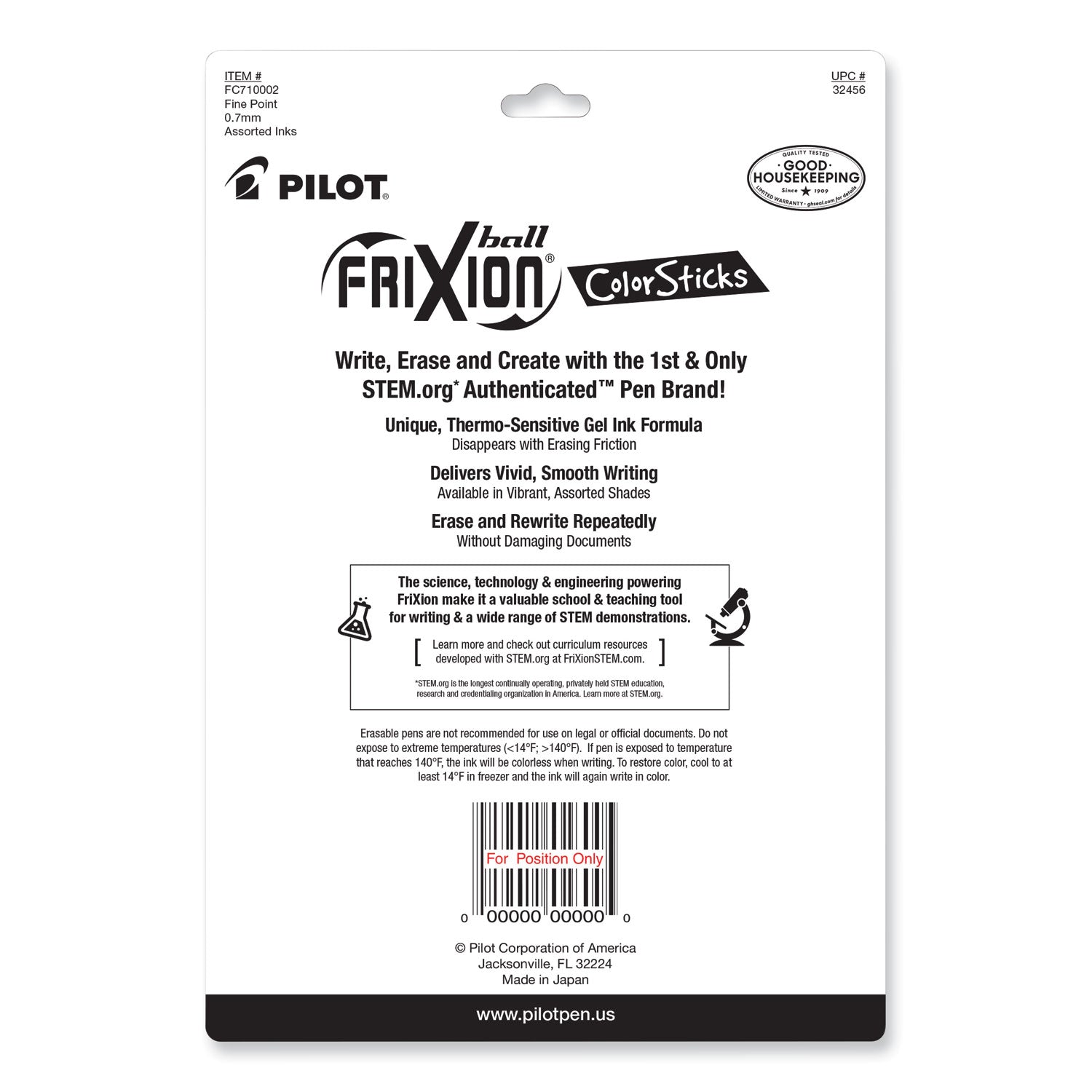 Pilot FriXion ColorSticks Erasable Gel Pen, Stick, Fine 0.7 mm, Assorted Ink and Barrel Colors, 10/Pack (32456)