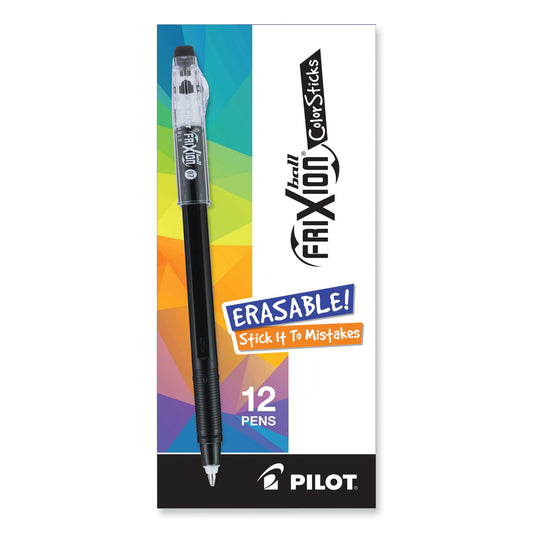 Pilot FriXion ColorSticks Erasable Gel Pen, Clipless Stick, Fine 0.7 mm, Black Ink, Black Barrel, Dozen (32465)