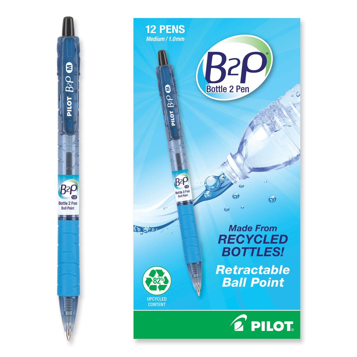 Pilot B2P Bottle-2-Pen Recycled Ballpoint Pen, Retractable, Medium 1 mm, Black Ink, Translucent Blue Barrel, Dozen (32800)