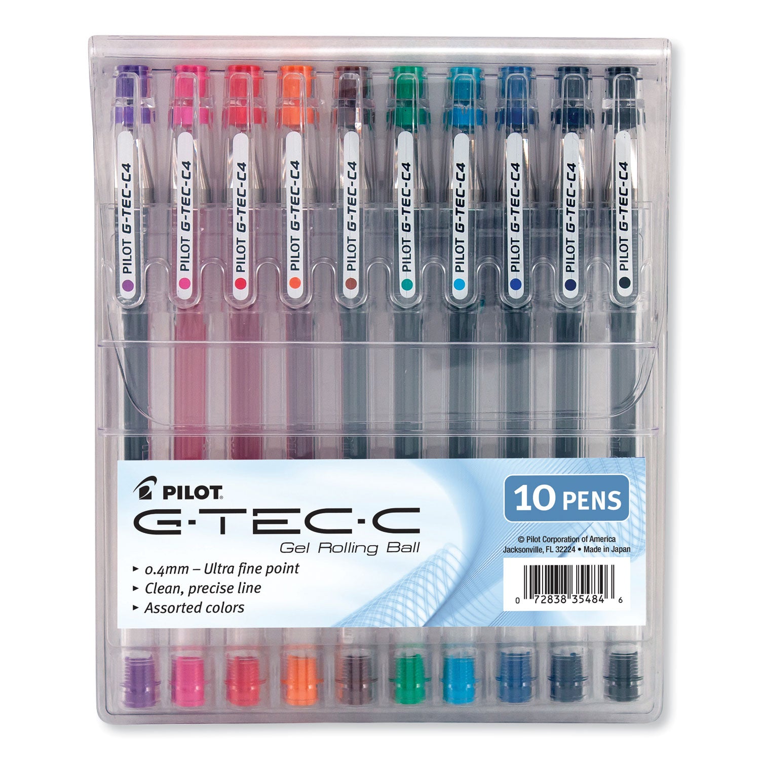 Pilot G-TEC-C Ultra Gel Pen with Convenience Pouch, Stick, Extra-Fine 0.4 mm, Assorted Ink and Barrel Colors, 10/Pack (35484)