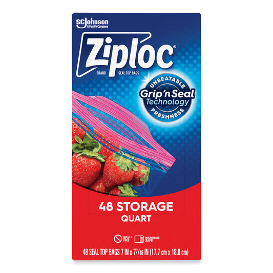 Ziploc Double Zipper Storage Bags, Triple System Seal, Quart, 9.63" x 8.5", Clear, 48/Box (314469BX)