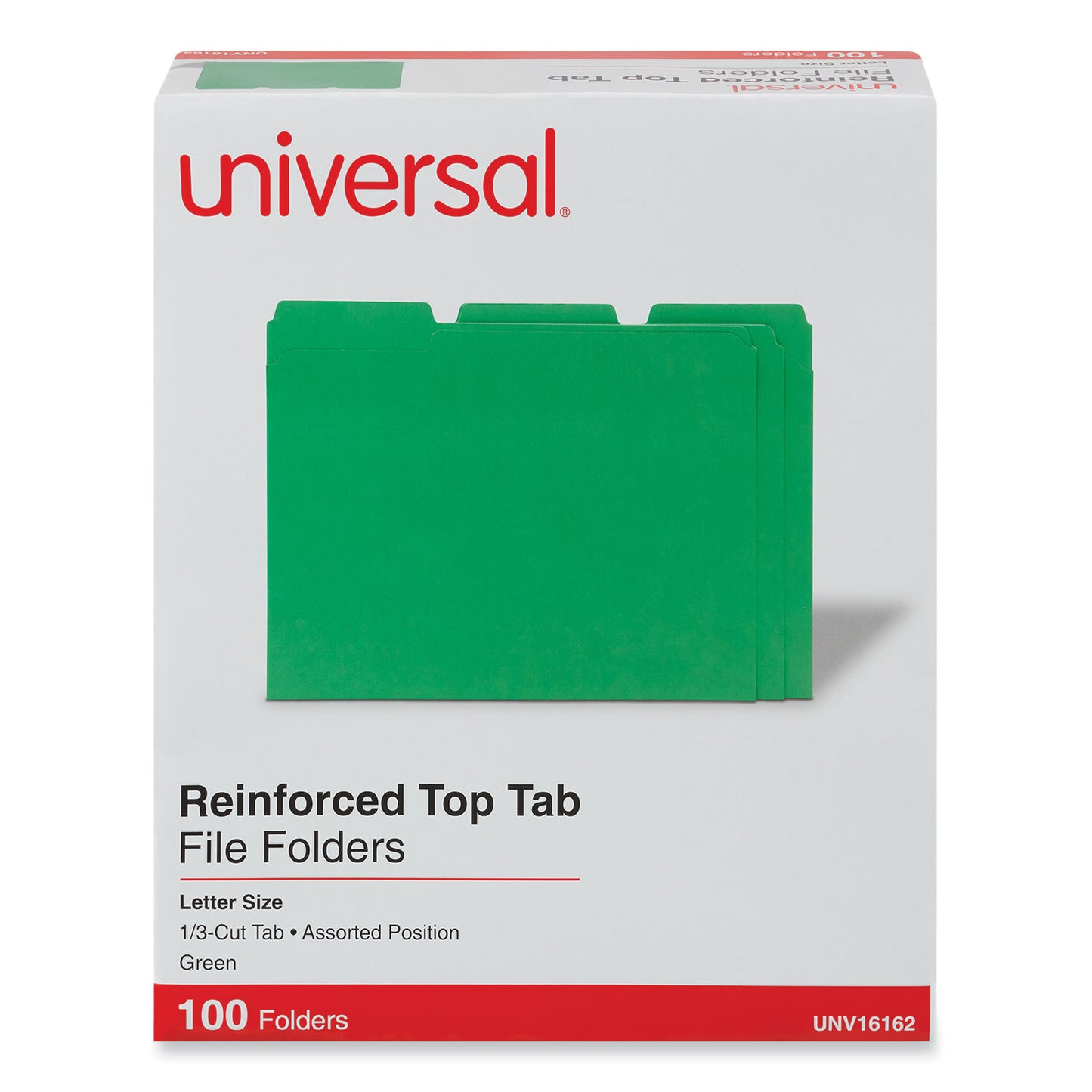 Universal Reinforced Top-Tab File Folders, 1/3-Cut Tabs: Assorted, Letter Size, 1" Expansion, Green, 100/Box (16162)