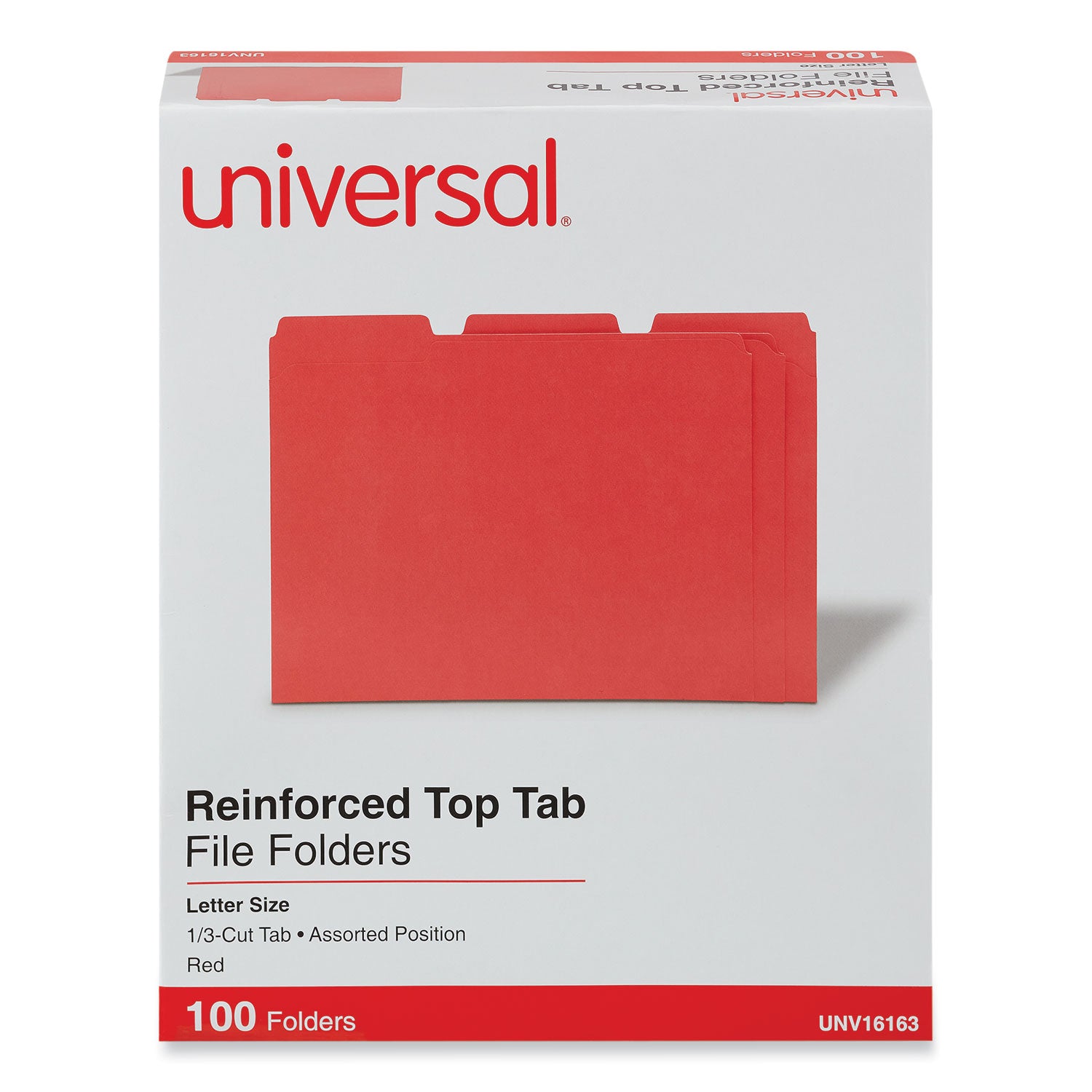 Universal Reinforced Top-Tab File Folders, 1/3-Cut Tabs: Assorted, Letter Size, 1" Expansion, Red, 100/Box (16163)