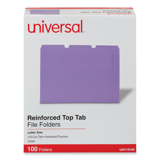 Universal Reinforced Top-Tab File Folders, 1/3-Cut Tabs: Assorted, Letter Size, 1" Expansion, Violet, 100/Box (16165)