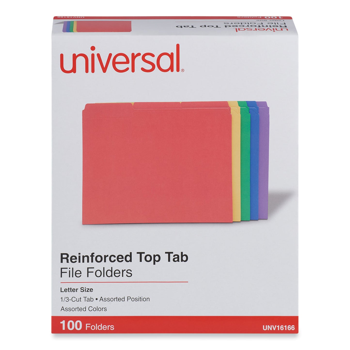 Universal Reinforced Top-Tab File Folders, 1/3-Cut Tabs: Assorted, Letter Size, 1" Expansion, Assorted Colors, 100/Box (16166)