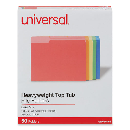 Universal Deluxe Heavyweight File Folders, 1/3-Cut Tabs: Assorted, Letter Size, 0.75" Expansion, Assorted Colors, 50/Box (16466)