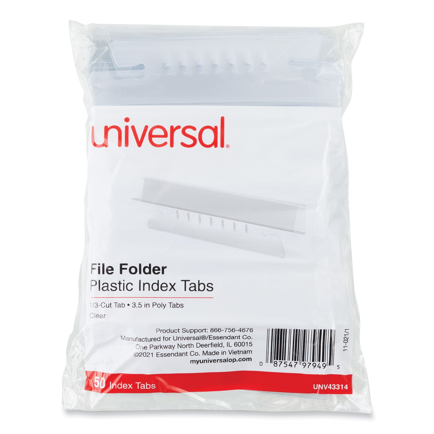 Universal Hanging File Folder Plastic Index Tabs, 1/3-Cut, Clear, 3.7" Wide, 50/Pack (43314)