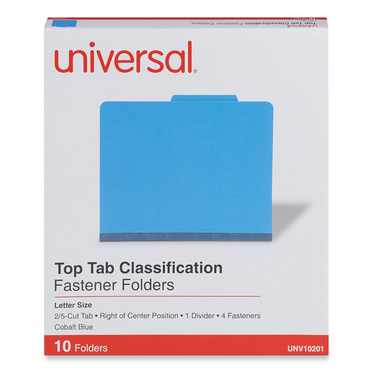 Universal Bright Colored Pressboard Classification Folders, 2" Expansion, 1 Divider, 4 Fasteners, Letter Size, Cobalt Blue, 10/Box (10201)