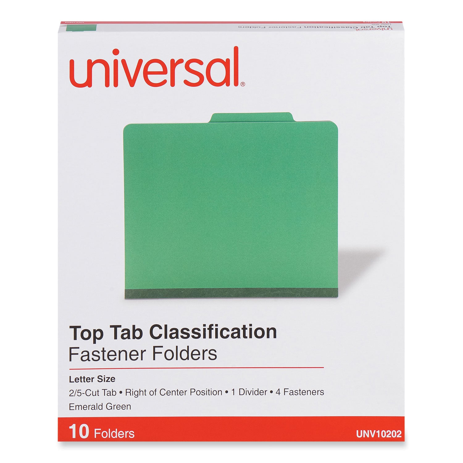 Universal Bright Colored Pressboard Classification Folders, 2" Expansion, 1 Divider, 4 Fasteners, Letter Size, Emerald Green, 10/Box (10202)