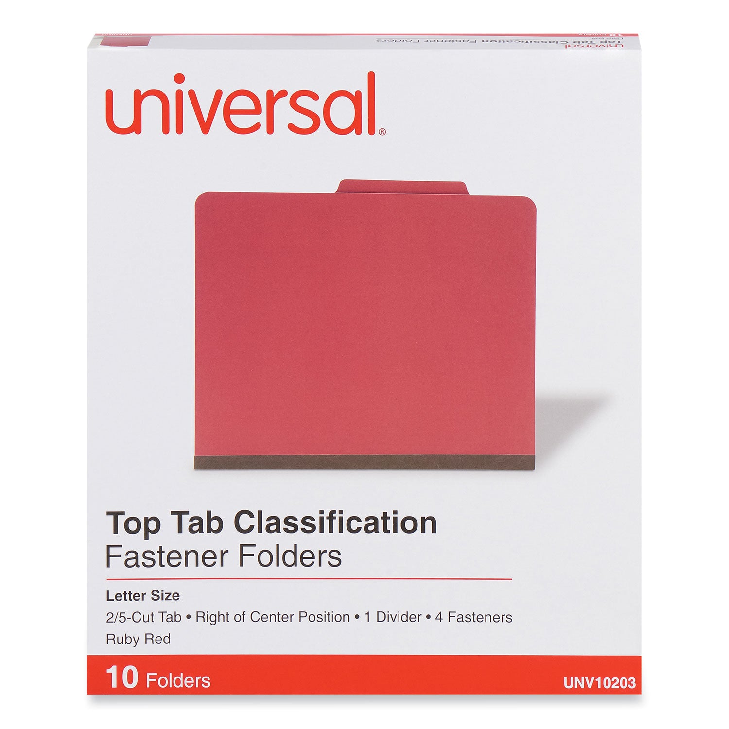 Universal Bright Colored Pressboard Classification Folders, 2" Expansion, 1 Divider, 4 Fasteners, Letter Size, Ruby Red, 10/Box (10203)