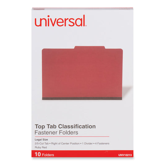 Universal Bright Colored Pressboard Classification Folders, 2" Expansion, 1 Divider, 4 Fasteners, Legal Size, Ruby Red Exterior, 10/Box (10213)