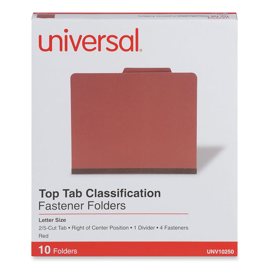 Universal Four-Section Pressboard Classification Folders, 2" Expansion, 1 Divider, 4 Fasteners, Letter Size, Red Exterior, 10/Box (10250)