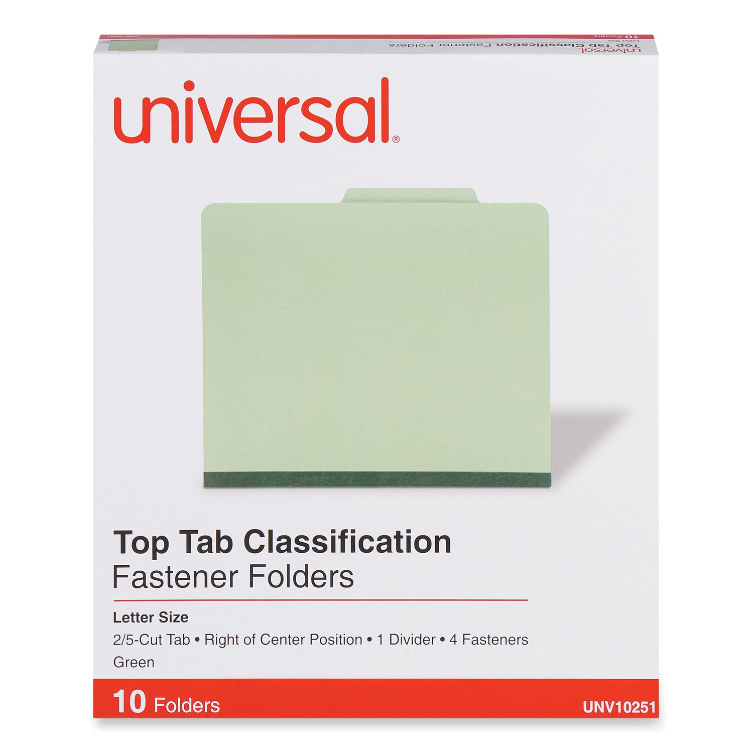 Universal Four-Section Pressboard Classification Folders, 2" Expansion, 1 Divider, 4 Fasteners, Letter Size, Green Exterior, 10/Box (10251)