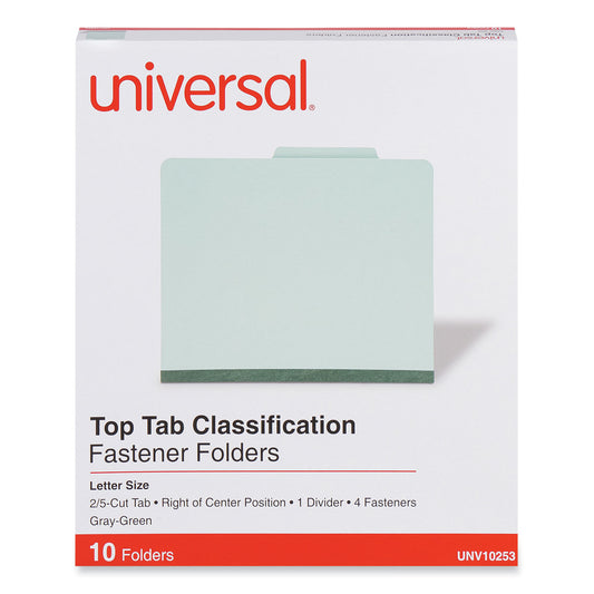 Universal Four-Section Pressboard Classification Folders, 2" Expansion, 1 Divider, 4 Fasteners, Letter Size, Gray-Green, 10/Box (10253)