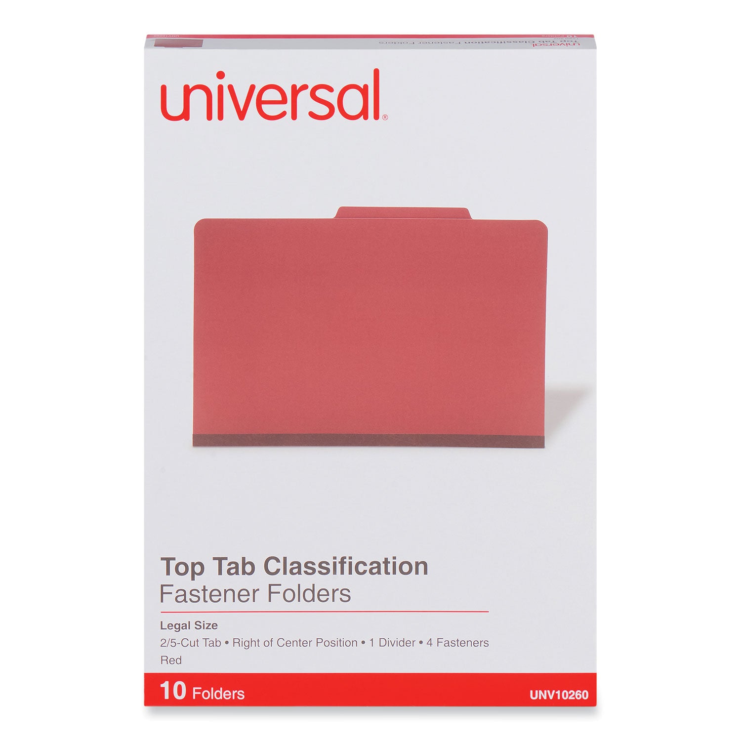 Universal Four-Section Pressboard Classification Folders, 2" Expansion, 1 Divider, 4 Fasteners, Legal Size, Red Exterior, 10/Box (10260)