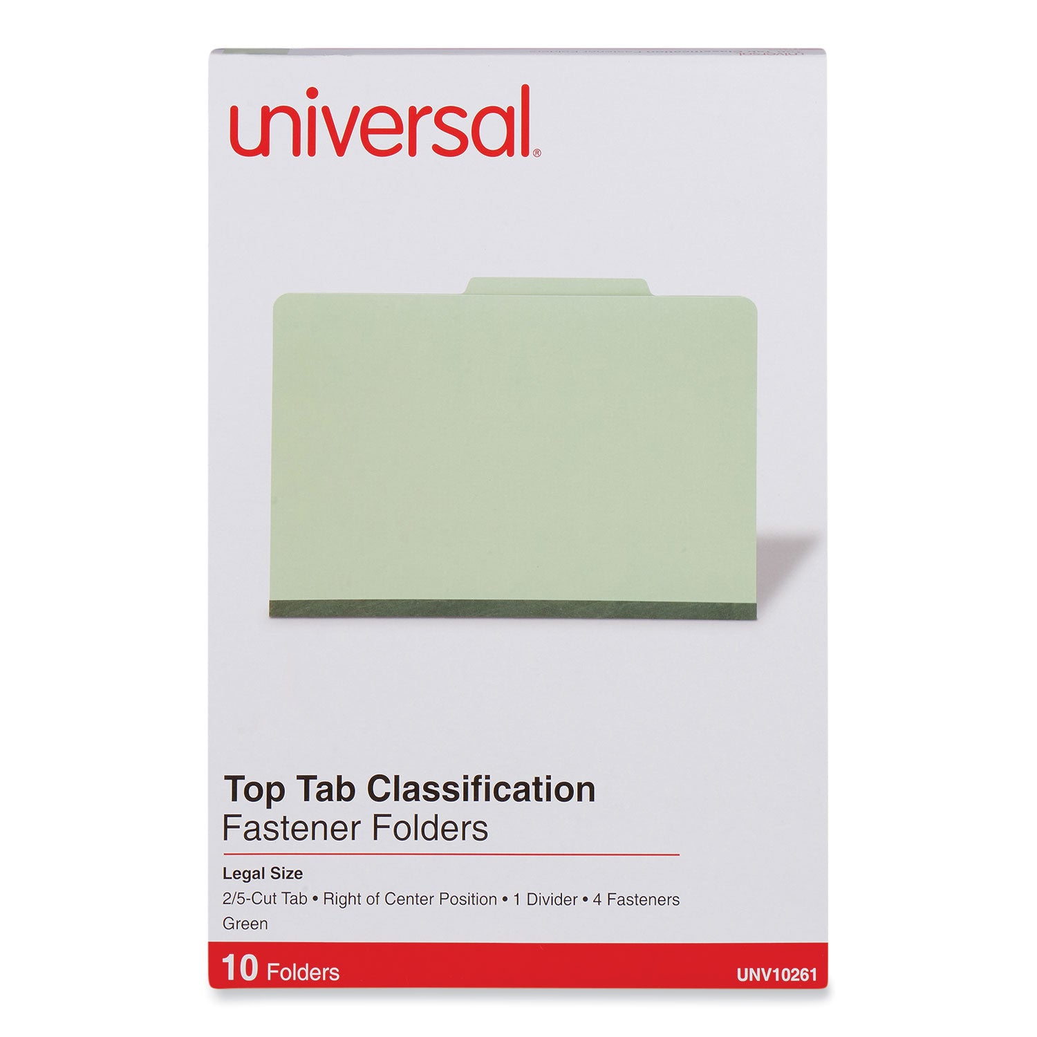 Universal Four-Section Pressboard Classification Folders, 2" Expansion, 1 Divider, 4 Fasteners, Legal Size, Green Exterior, 10/Box (10261)