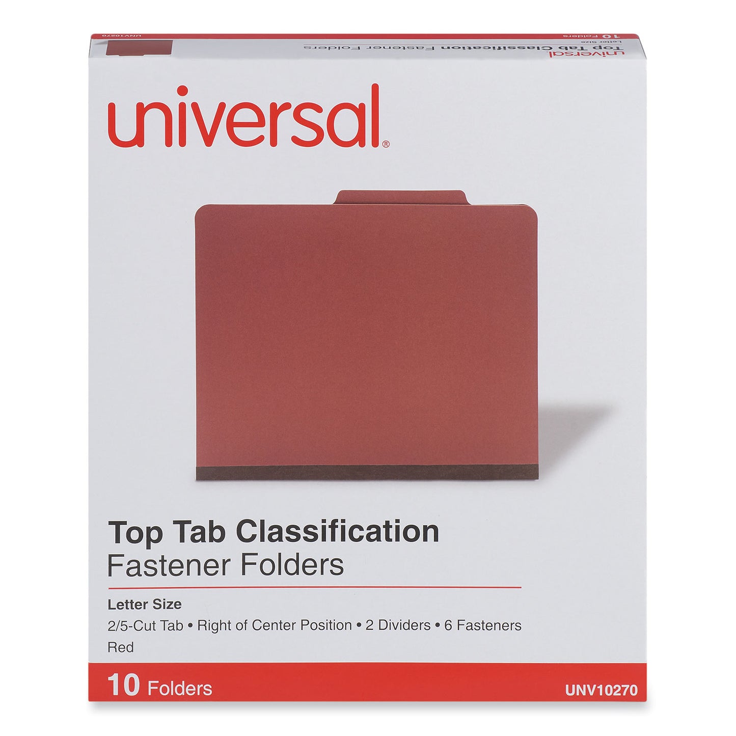 Universal Six-Section Pressboard Classification Folders, 2" Expansion, 2 Dividers, 6 Fasteners, Letter Size, Red Exterior, 10/Box (10270)