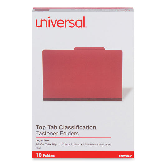 Universal Six-Section Pressboard Classification Folders, 2" Expansion, 2 Dividers, 6 Fasteners, Legal Size, Red Exterior, 10/Box (10280)