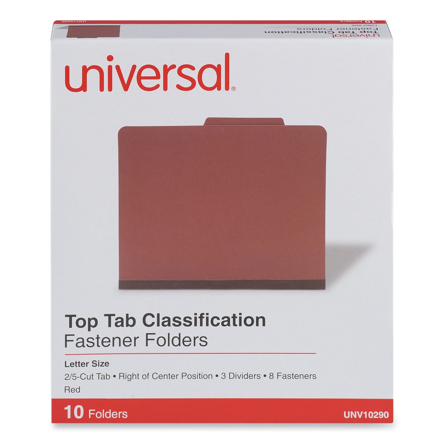 Universal Eight-Section Pressboard Classification Folders, 3" Expansion, 3 Dividers, 8 Fasteners, Letter Size, Red Exterior, 10/Box (10290)