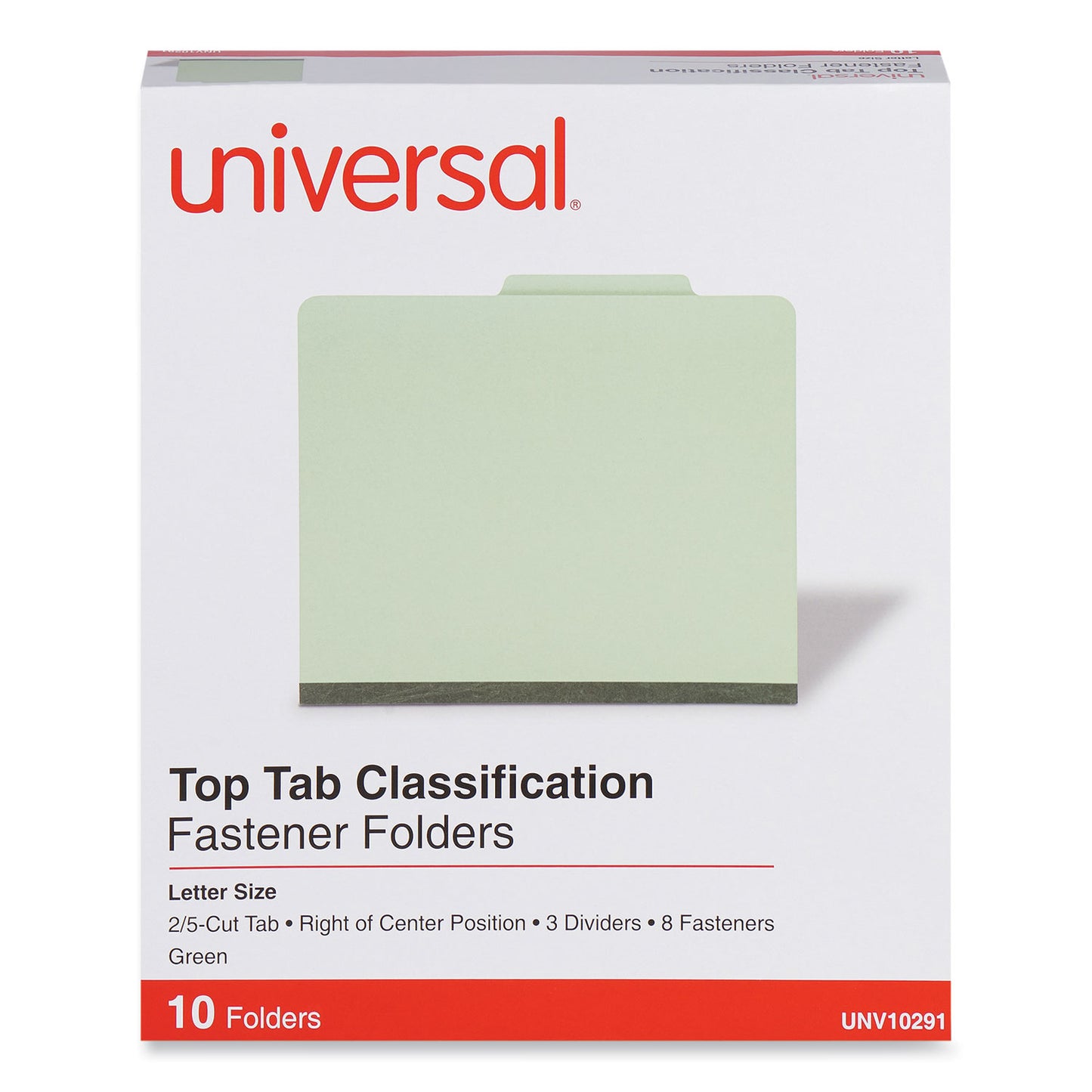 Universal Eight-Section Pressboard Classification Folders, 3" Expansion, 3 Dividers, 8 Fasteners, Letter Size, Green Exterior, 10/Box (10291)