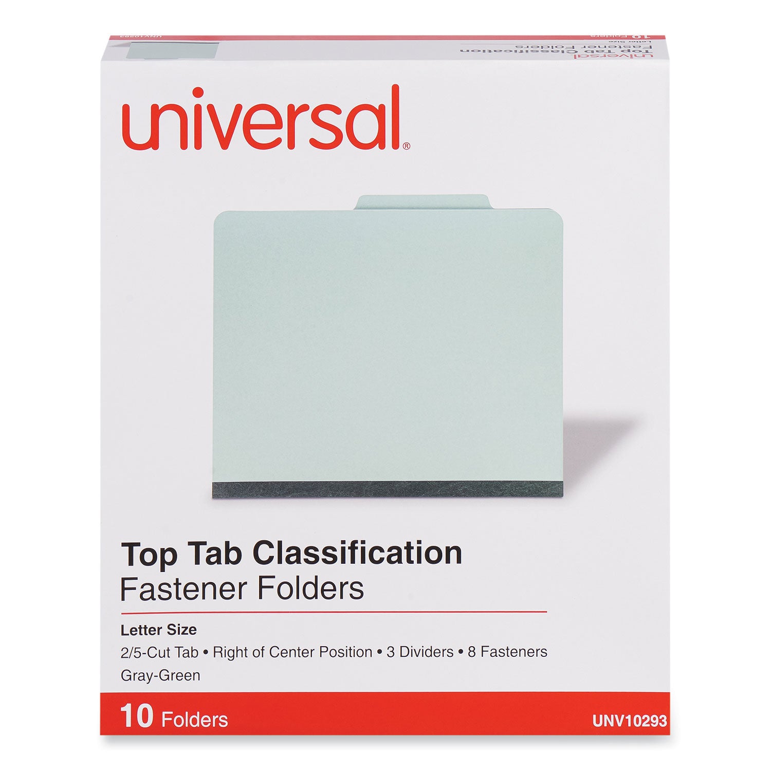 Universal Eight-Section Pressboard Classification Folders, 3" Expansion, 3 Dividers, 8 Fasteners, Letter Size, Gray-Green, 10/Box (10293)