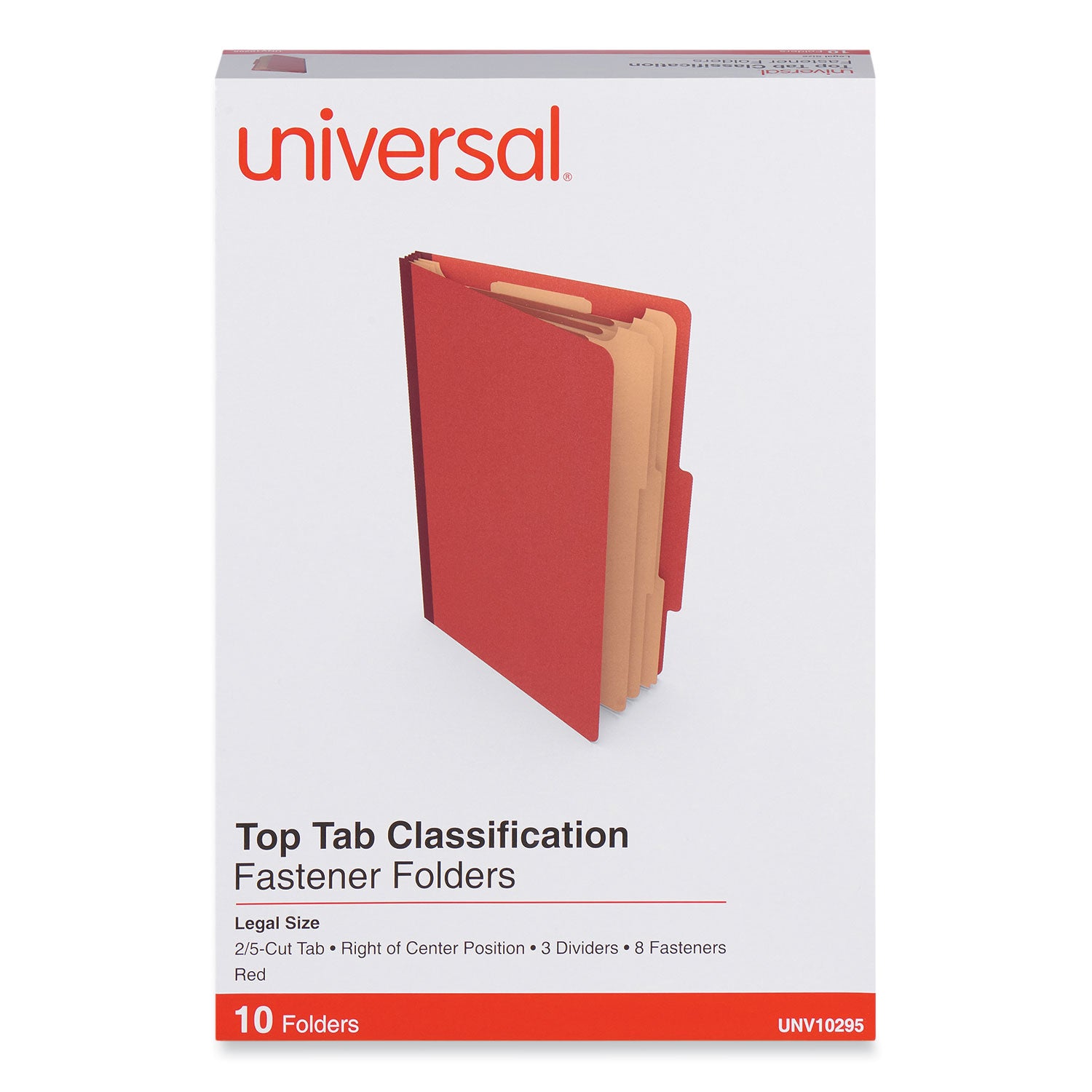 Universal Eight-Section Pressboard Classification Folders, 3" Expansion, 3 Dividers, 8 Fasteners, Legal Size, Red Exterior, 10/Box (10295)