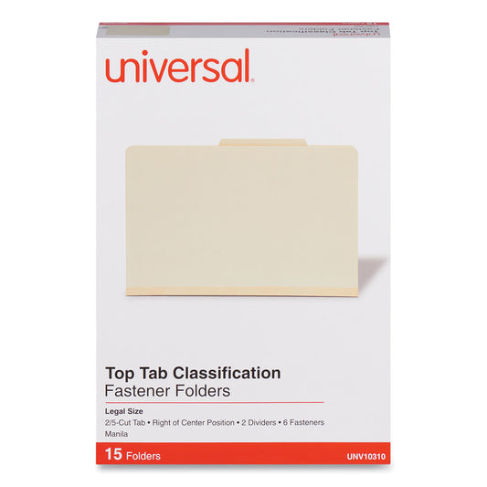 Universal Six-Section Classification Folders, 2" Expansion, 2 Dividers, 6 Fasteners, Legal Size, Manila Exterior, 15/Box (10310)