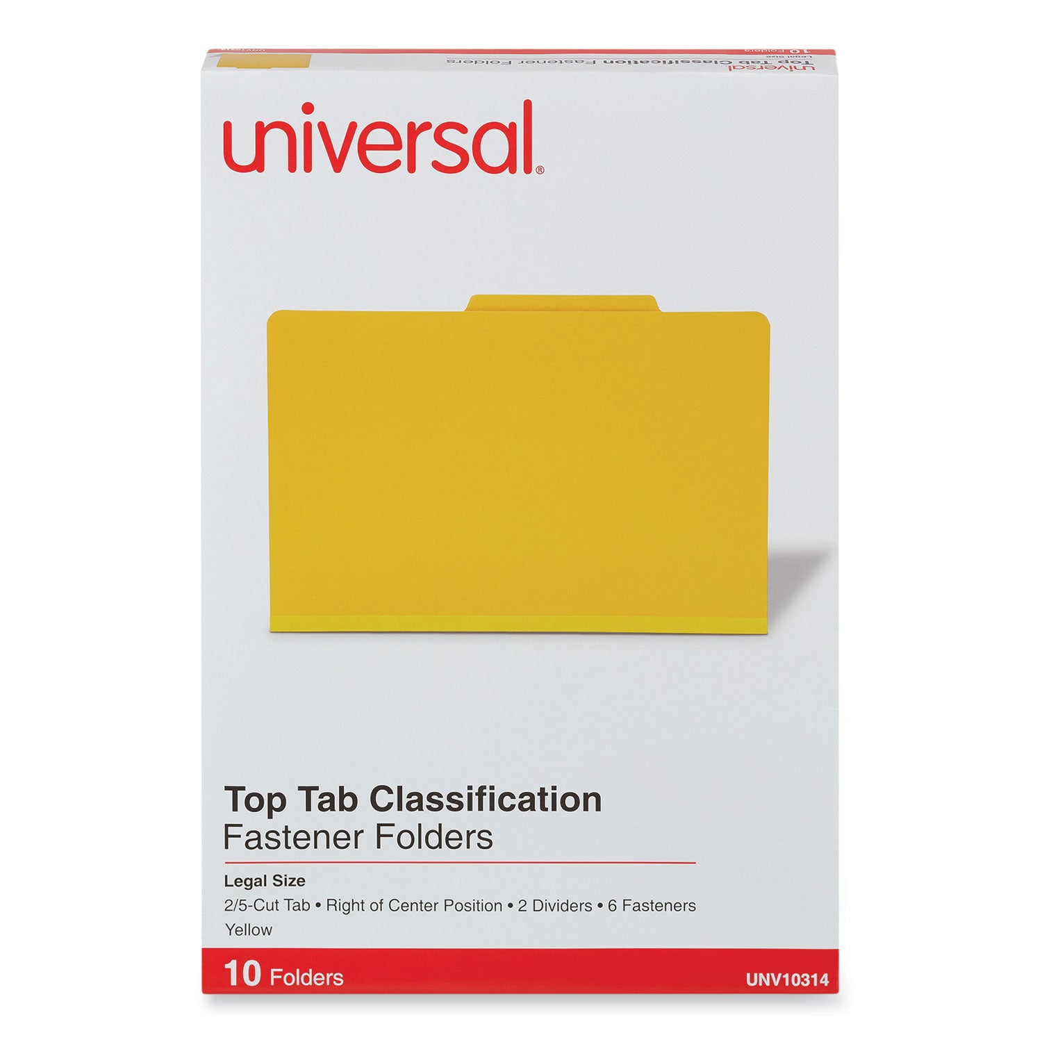 Universal Bright Colored Pressboard Classification Folders, 2" Expansion, 2 Dividers, 6 Fasteners, Legal Size, Yellow Exterior, 10/Box (10314)