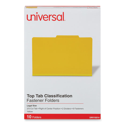 Universal Bright Colored Pressboard Classification Folders, 2" Expansion, 2 Dividers, 6 Fasteners, Legal Size, Yellow Exterior, 10/Box (10314)