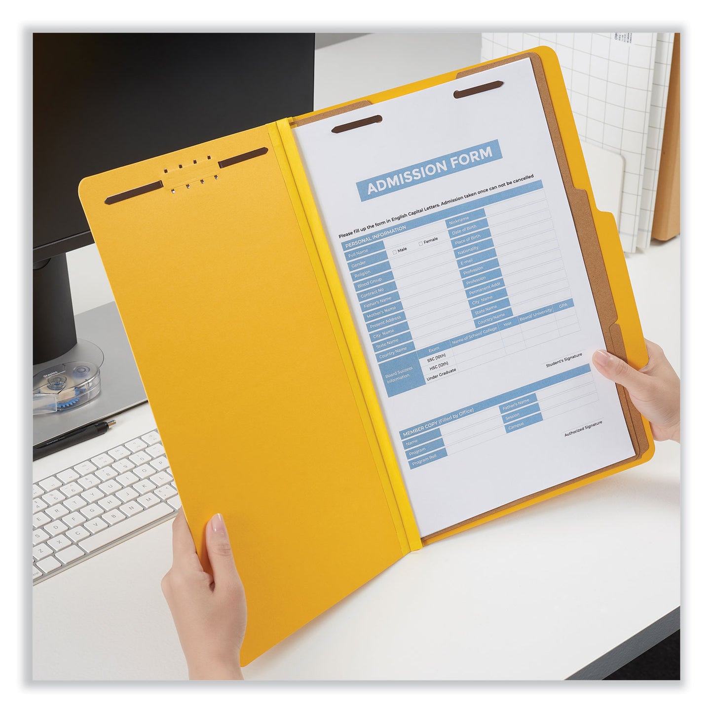 Universal Bright Colored Pressboard Classification Folders, 2" Expansion, 2 Dividers, 6 Fasteners, Legal Size, Yellow Exterior, 10/Box (10314)