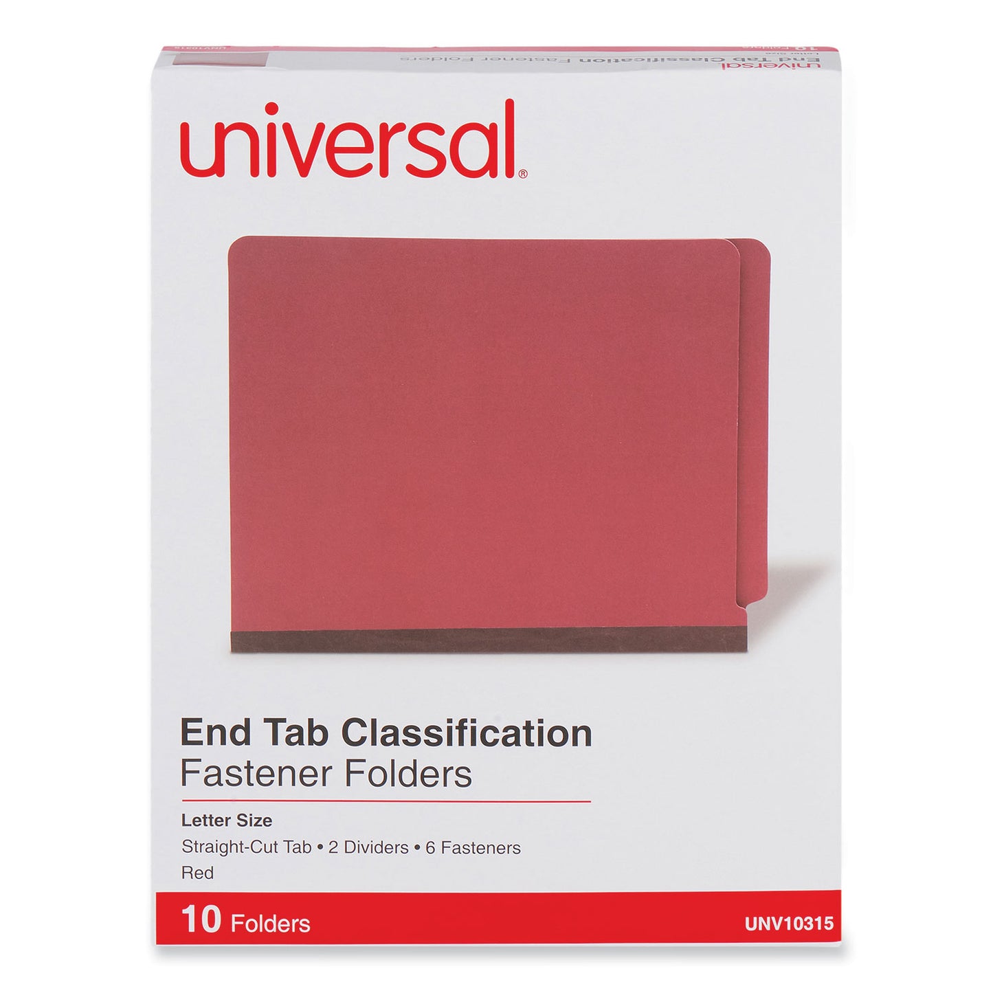 Universal Red Pressboard End Tab Classification Folders, 2" Expansion, 2 Dividers, 6 Fasteners, Letter Size, Red Exterior, 10/Box (10315)