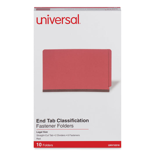 Universal Red Pressboard End Tab Classification Folders, 2" Expansion, 2 Dividers, 6 Fasteners, Legal Size, Red Exterior, 10/Box (10316)