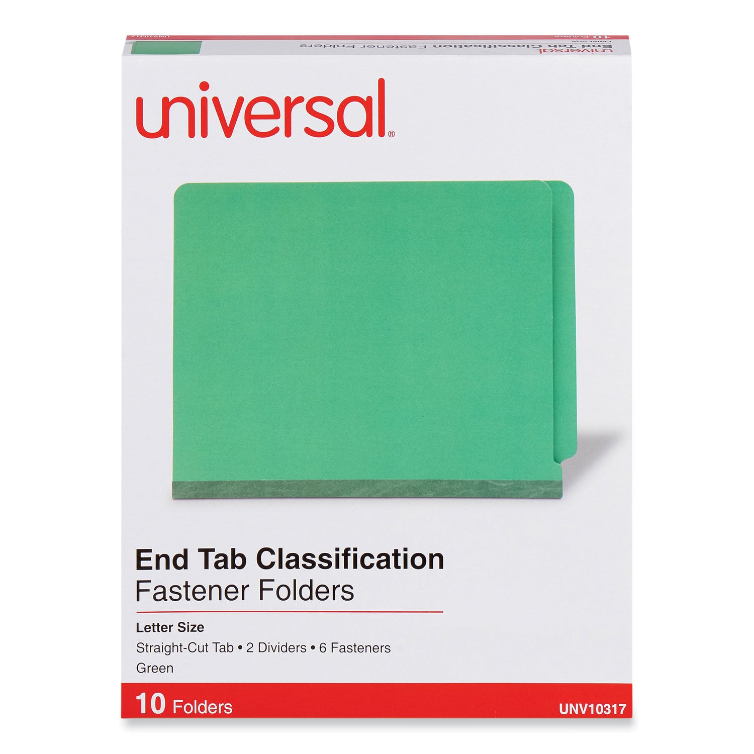 Universal Deluxe Six-Section Pressboard End Tab Classification Folders, 2 Dividers, 6 Fasteners, Letter Size, Green, 10/Box (10317)