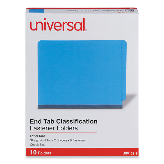 Universal Deluxe Six-Section Pressboard End Tab Classification Folders, 2 Dividers, 6 Fasteners, Letter Size, Cobalt Blue, 10/Box (10318)