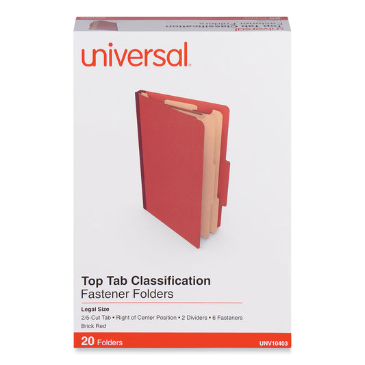 Universal Six-Section Classification Folders, Heavy-Duty Pressboard Cover, 2 Dividers, 6 Fasteners, Legal Size, Brick Red, 20/Box (10403)