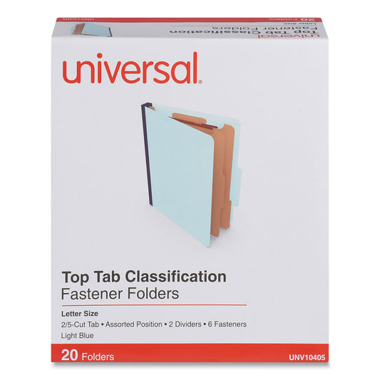 Universal Six-Section Pressboard Classification Folders, 2.5" Expansion, 2 Dividers, 6 Fasteners, Letter Size, Light Blue, 20/Box (10405)