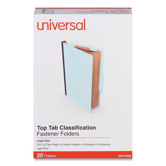 Universal Six-Section Classification Folders, Heavy-Duty Pressboard Cover, 2 Dividers, 6 Fasteners, Legal Size, Light Blue, 20/Box (10406)