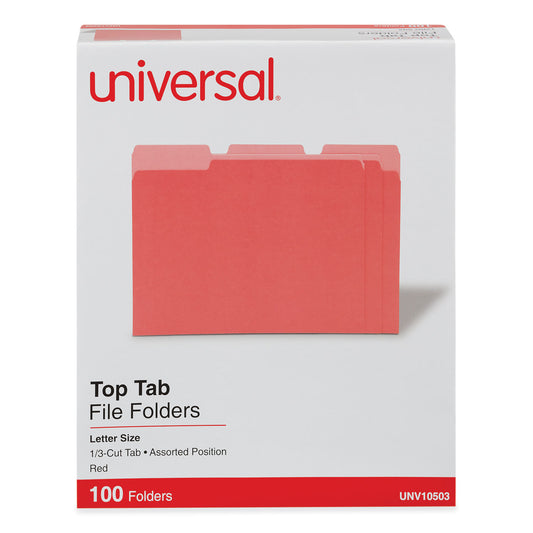 Universal Deluxe Colored Top Tab File Folders, 1/3-Cut Tabs: Assorted, Letter Size, Red/Light Red, 100/Box (10503)