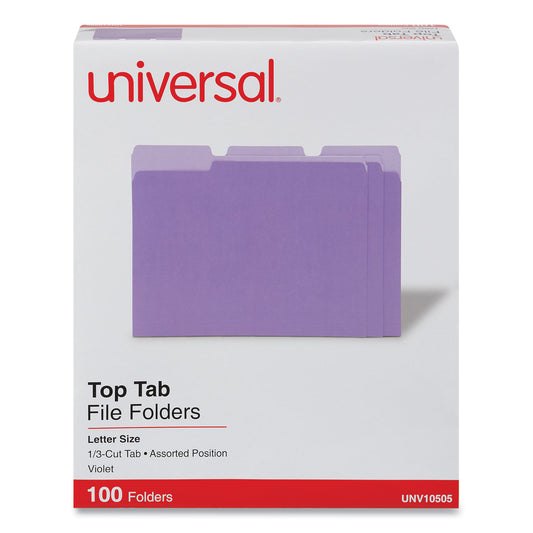 Universal Deluxe Colored Top Tab File Folders, 1/3-Cut Tabs: Assorted, Letter Size, Violet/Light Violet, 100/Box (10505)