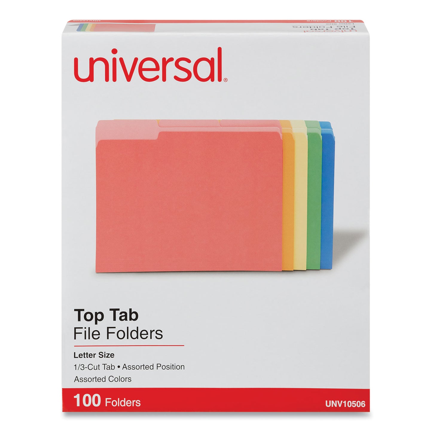 Universal Deluxe Colored Top Tab File Folders, 1/3-Cut Tabs: Assorted, Letter Size, Assorted Colors, 100/Box (10506)