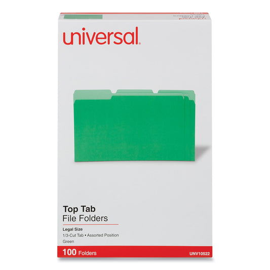 Universal Deluxe Colored Top Tab File Folders, 1/3-Cut Tabs: Assorted, Legal Size, Bright Green/Light Green, 100/Box (10522)