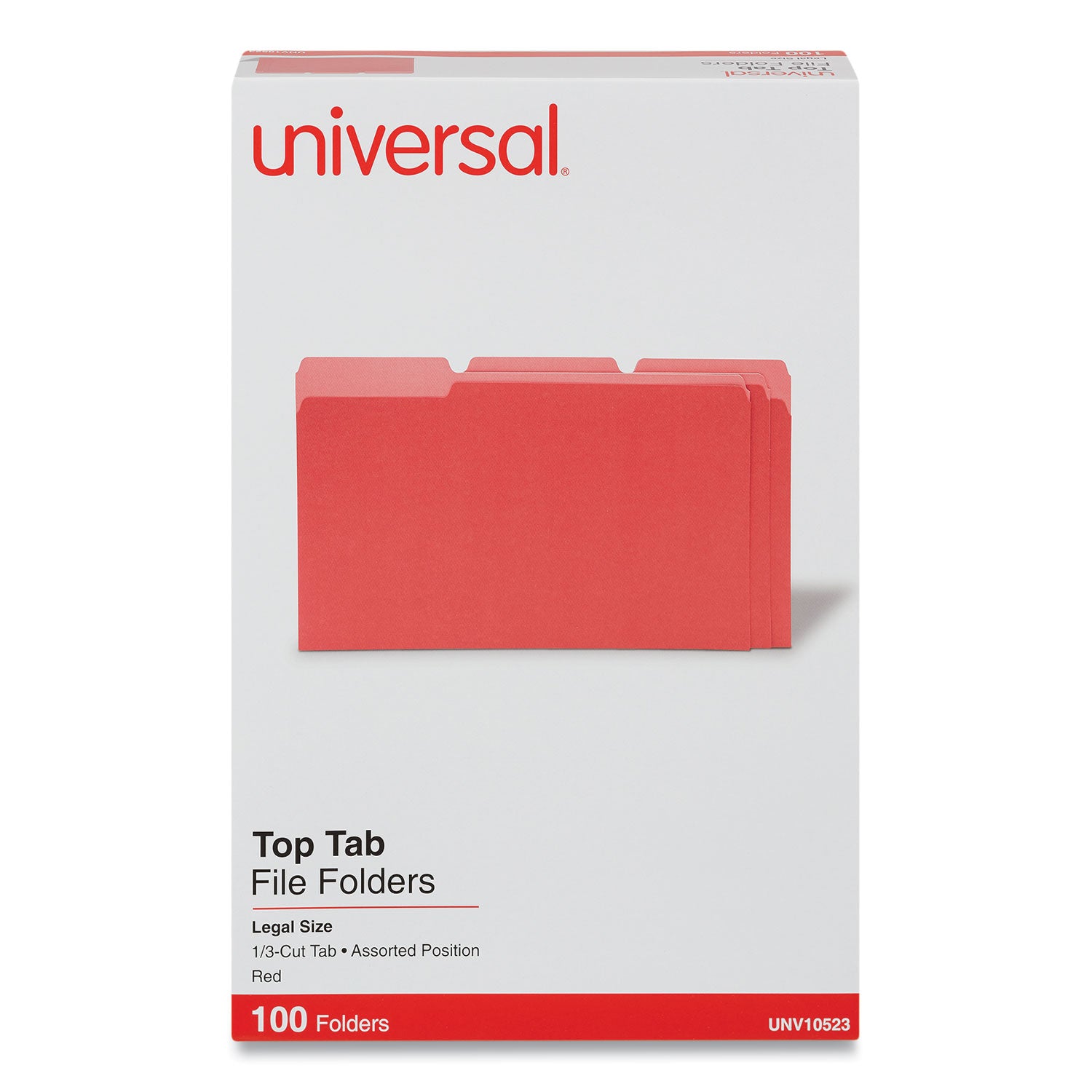 Universal Deluxe Colored Top Tab File Folders, 1/3-Cut Tabs: Assorted, Legal Size, Red/Light Red, 100/Box (10523)