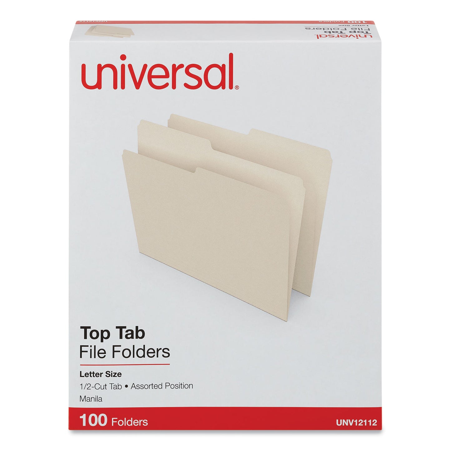 Universal Top Tab File Folders, 1/2-Cut Tabs: Assorted, Letter Size, 0.75" Expansion, Manila, 100/Box (12112)