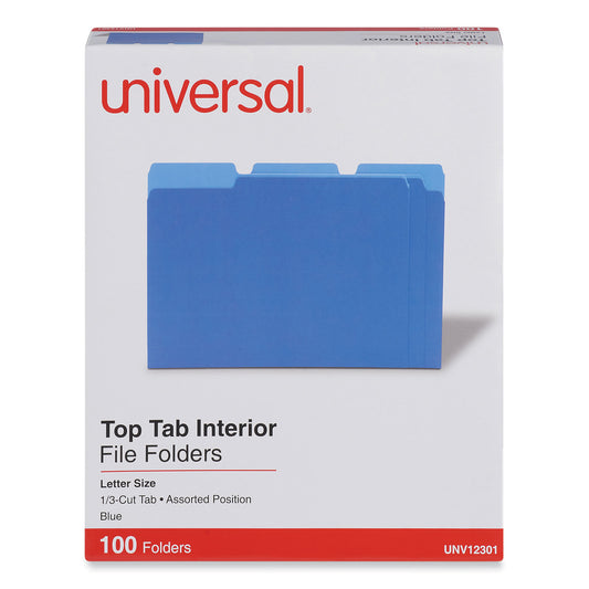 Universal Interior File Folders, 1/3-Cut Tabs: Assorted, Letter Size, 11-pt Stock, Blue, 100/Box (12301)